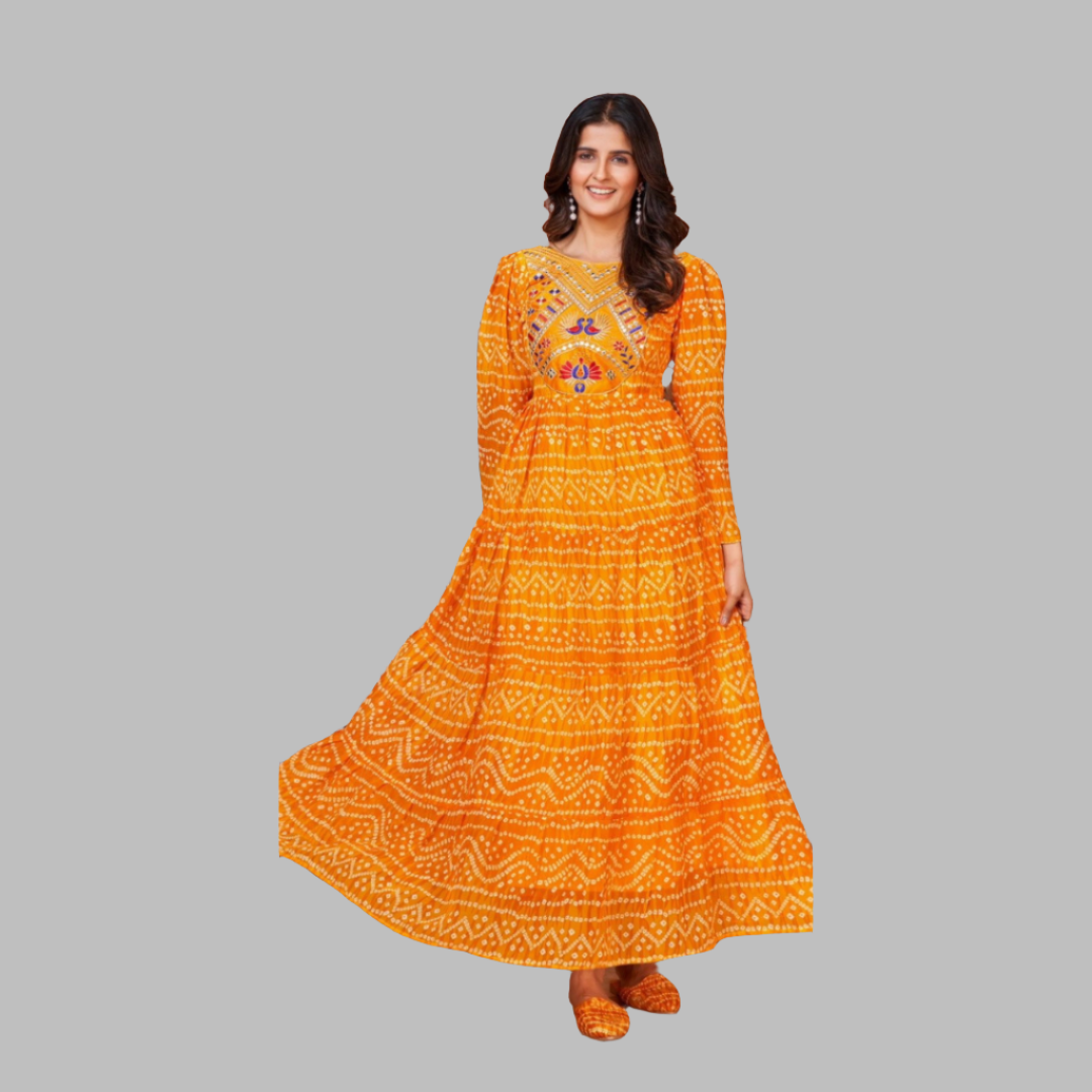 Women's Yellow Leheriya Gown Party Wear mahezon