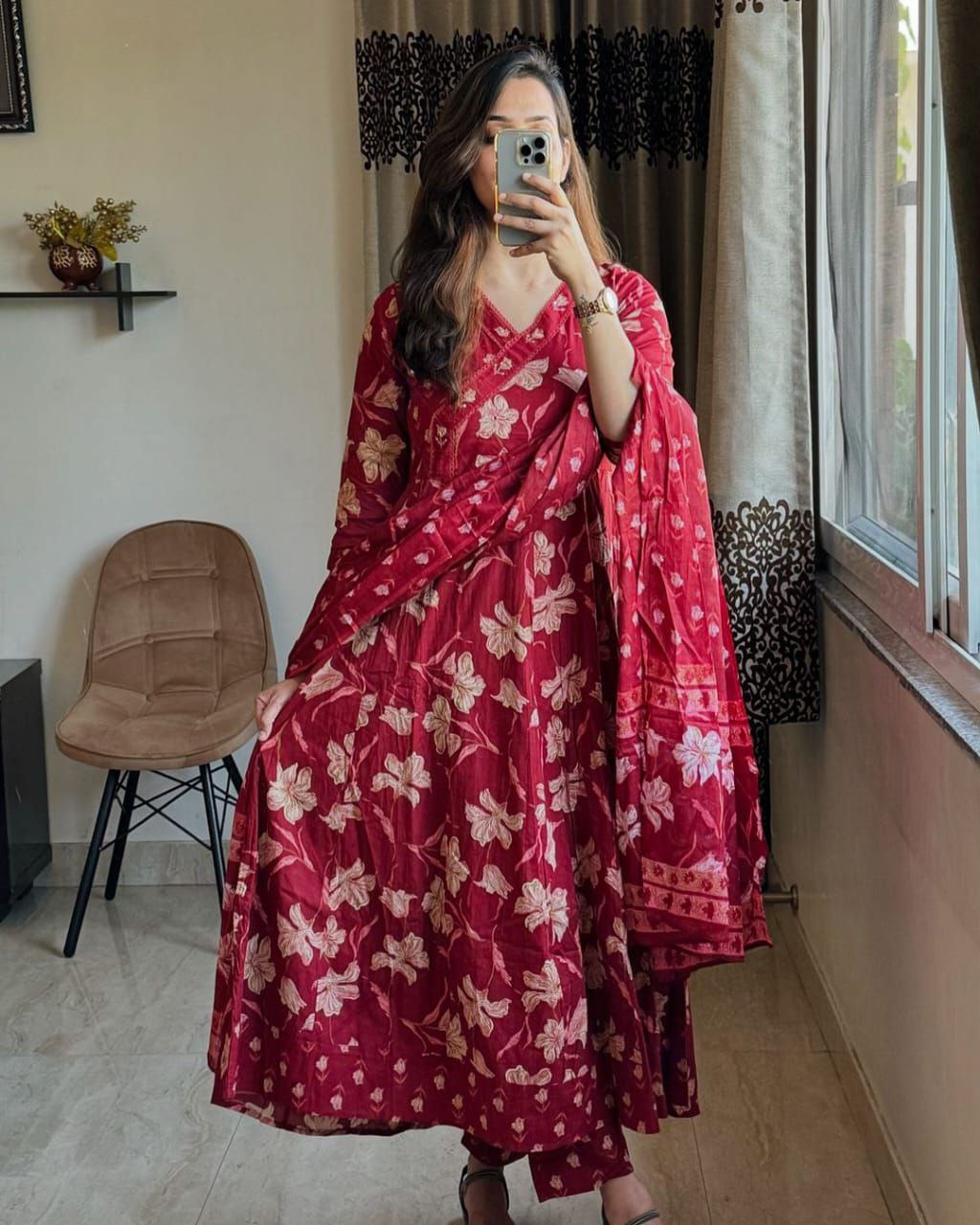 Women's Anarkali Red Kurta Pant with Dupatta Suit mahezon