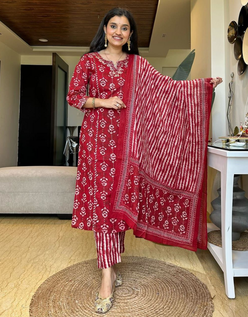 Load image into Gallery viewer, Women&#39;s Cotton Straight Kurta Pant set with Dupatta mahezon
