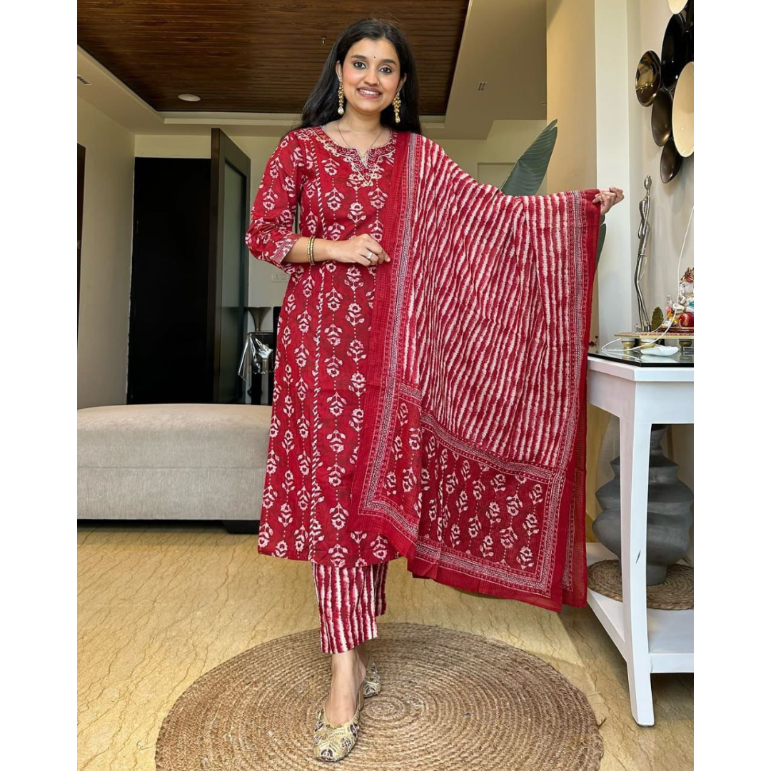 Women's Cotton Straight Kurta Pant set with Dupatta mahezon