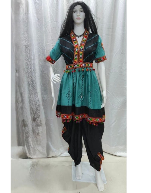 Load image into Gallery viewer, A women's traditional Navratri Dandiya outfit displayed on a mannequin, featuring a teal and black kurta with colorful geometric embroidery and a matching waist tie, paired with black patagonia-style pants with embroidered details.
