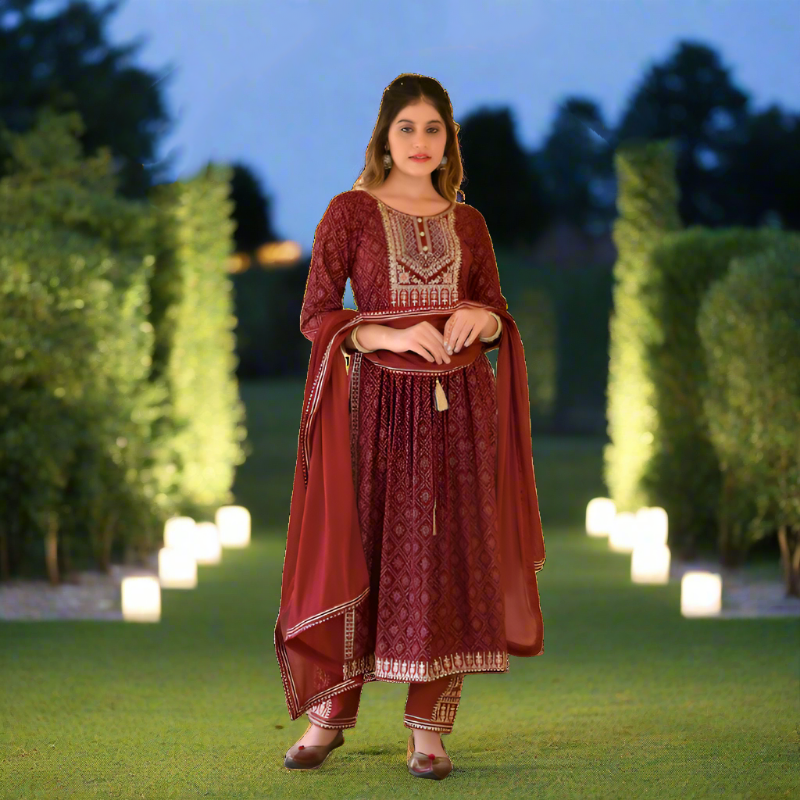 Women's Maroon Naira Cut Kurta Suit - mahezon