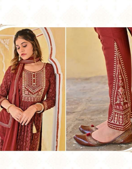 Women Maroon Bandhej Naira Cut Kurti Pant Dupatta set