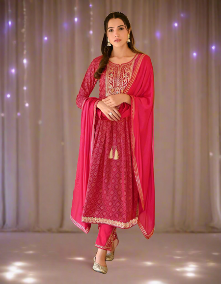 Women's Pink Embroidery Naira Cut Kurti Pant with Dupatta Set