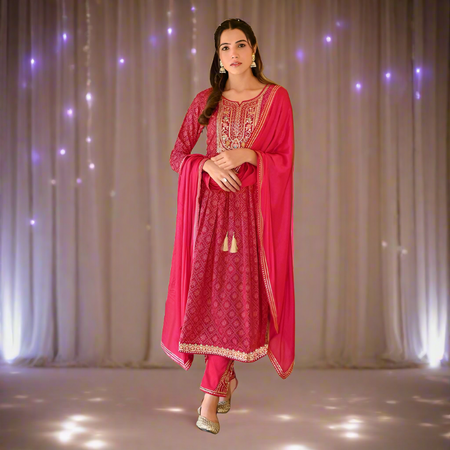 Women's Pink Embroidery Naira Cut Kurti Pant with Dupatta Set