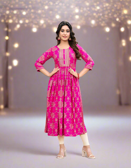 Women's Pink Naira Cut Kurti Party Wear mahezon