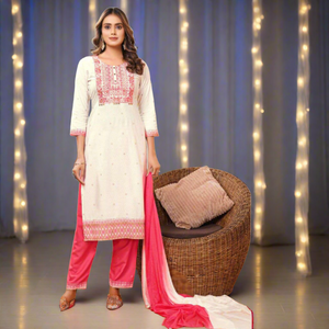 Women's White Naira Cut Kurta Pant Dupatta Set Party Wear