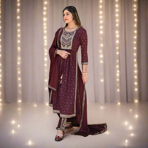 Women Purple Bandhej Naira Cut Kurti Pant Dupatta set