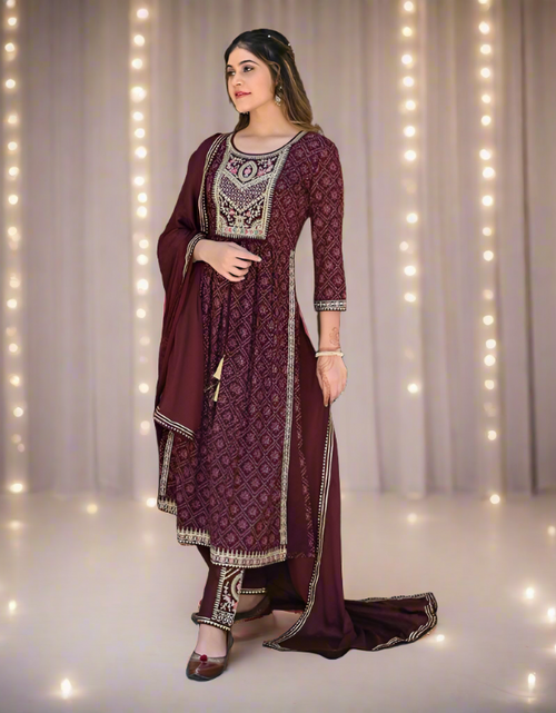 Load image into Gallery viewer, Women Purple Bandhej Naira Cut Kurti Pant Dupatta set
