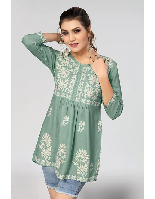 Load image into Gallery viewer, Women&#39;s Lucknowi Embroidery Green Chikankari Tunic Top mahezon
