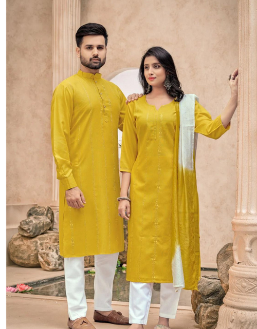 Load image into Gallery viewer, Beautiful Yellow Matching Couple dress for Men and Women 
