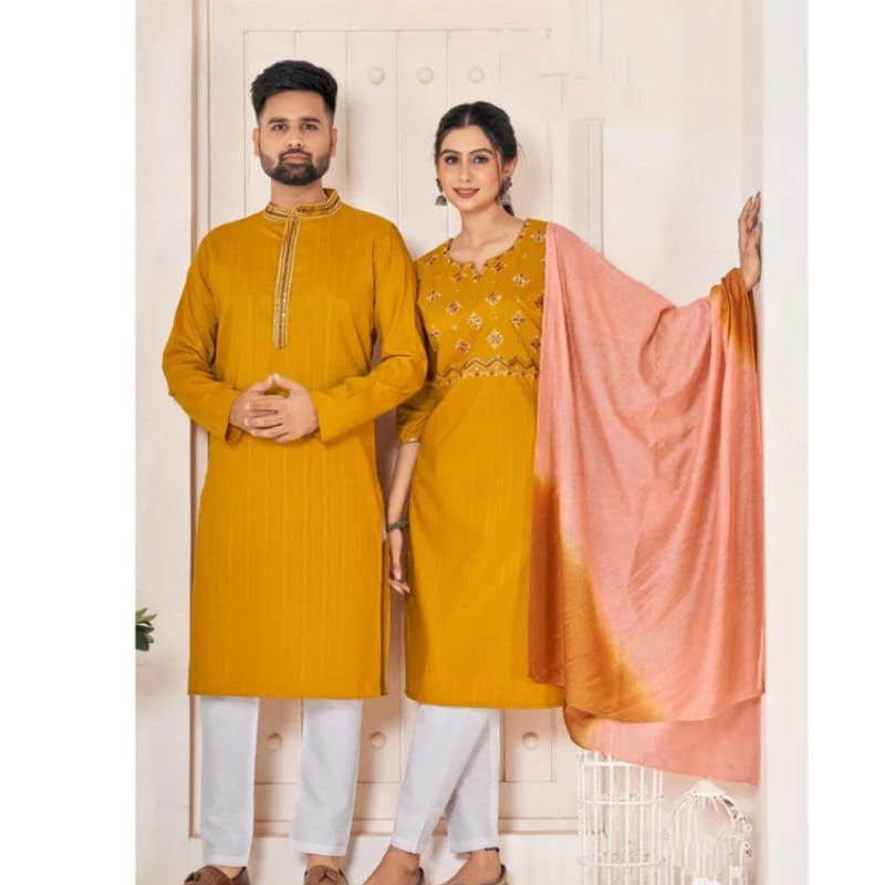 Traditional Yellow Couple Wear Same Matching Outfits Dress mahezon