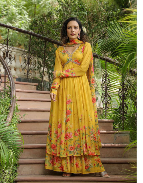 Load image into Gallery viewer, Yellow Haldi Alia cut Women Kurti Pant with Dupatta Suit mahezon
