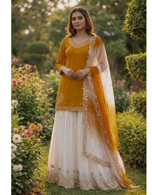 Load image into Gallery viewer, Festive Embroidered Sequence Women Top Palazzo Dupatta Suit Dress mahezon
