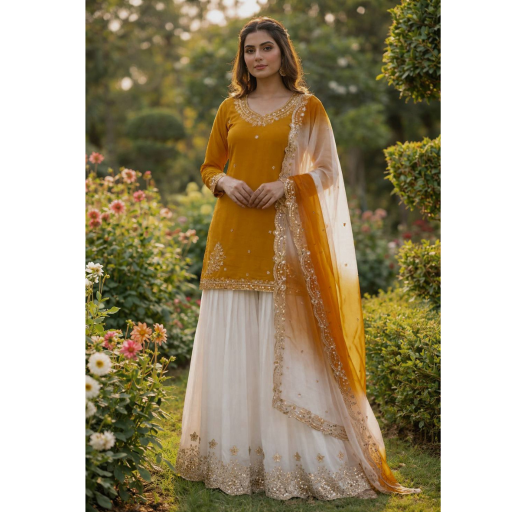 Festive Embroidered Sequence Women Top Palazzo Dupatta Suit Dress mahezon