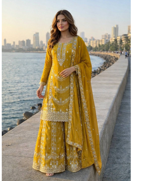 Festive Readymade Sequence Embroidered Women Top Palazzo Dupatta Suit Dress mahezon