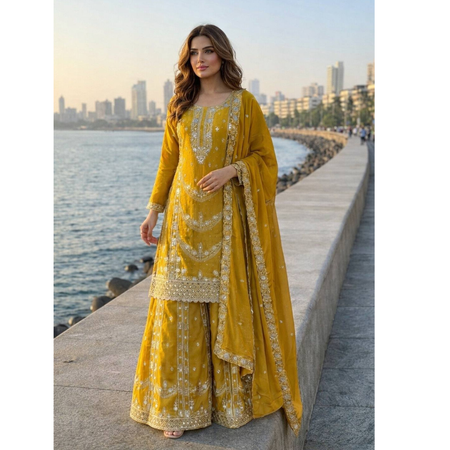 Festive Readymade Sequence Embroidered Women Top Palazzo Dupatta Suit Dress mahezon