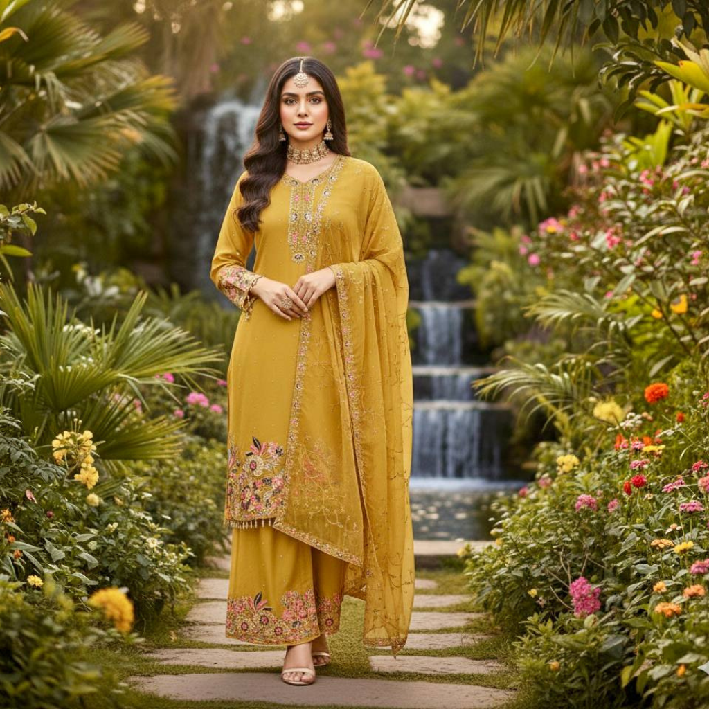 Festive Sequence Embroidered Women Top Palazzo Dupatta Suit Dress mahezon