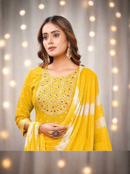 Exclusive Yellow Naira cut Kurti Pant Dupatta Suit mahezon