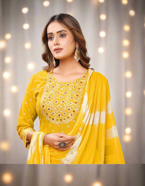 Load image into Gallery viewer, Exclusive Yellow Naira cut Kurti Pant Dupatta Suit mahezon
