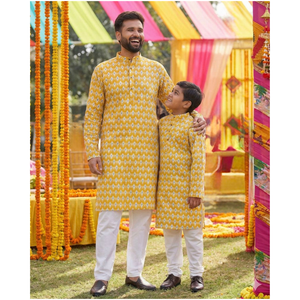 Yellow Traditional Indian Cotton Father Son Same Matching Kurta Pajama mahezon