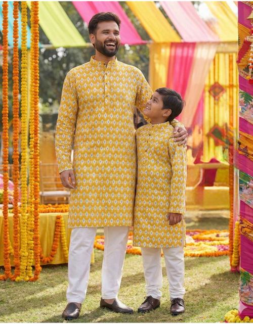 Load image into Gallery viewer, Yellow Traditional Indian Cotton Father Son Same Matching Kurta Pajama mahezon
