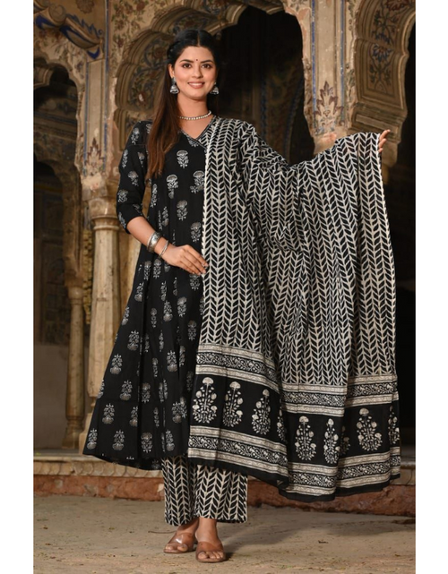 Load image into Gallery viewer, Beautiful Women Anarkali Cotton Kurti Pant Dupatta set mahezon

