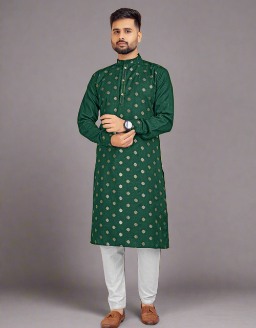 Load image into Gallery viewer, Green Cotton Men&#39;s Kurta with Pajama mahezon
