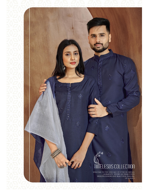 Load image into Gallery viewer, Beautiful Traditional Couple wear Same Matching Navy Blue Cotton Men Kurta Pajama and Women Kurta Pant Dupatta mahezon
