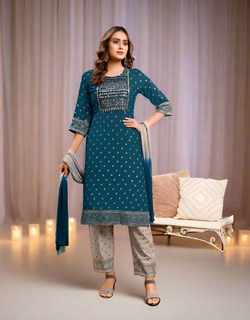 Load image into Gallery viewer, Exclusive Blue Naira cut Kurti Pant Dupatta Suit mahezon
