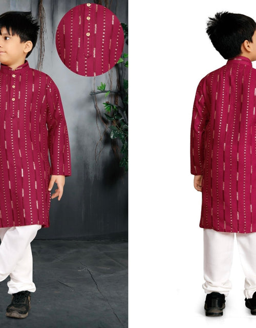 Load image into Gallery viewer, Father and Son Matching Festive Kurta Set Combo – Men &amp; Boys Wine/Maroon Foil Striped Kurta with White Pyjama
