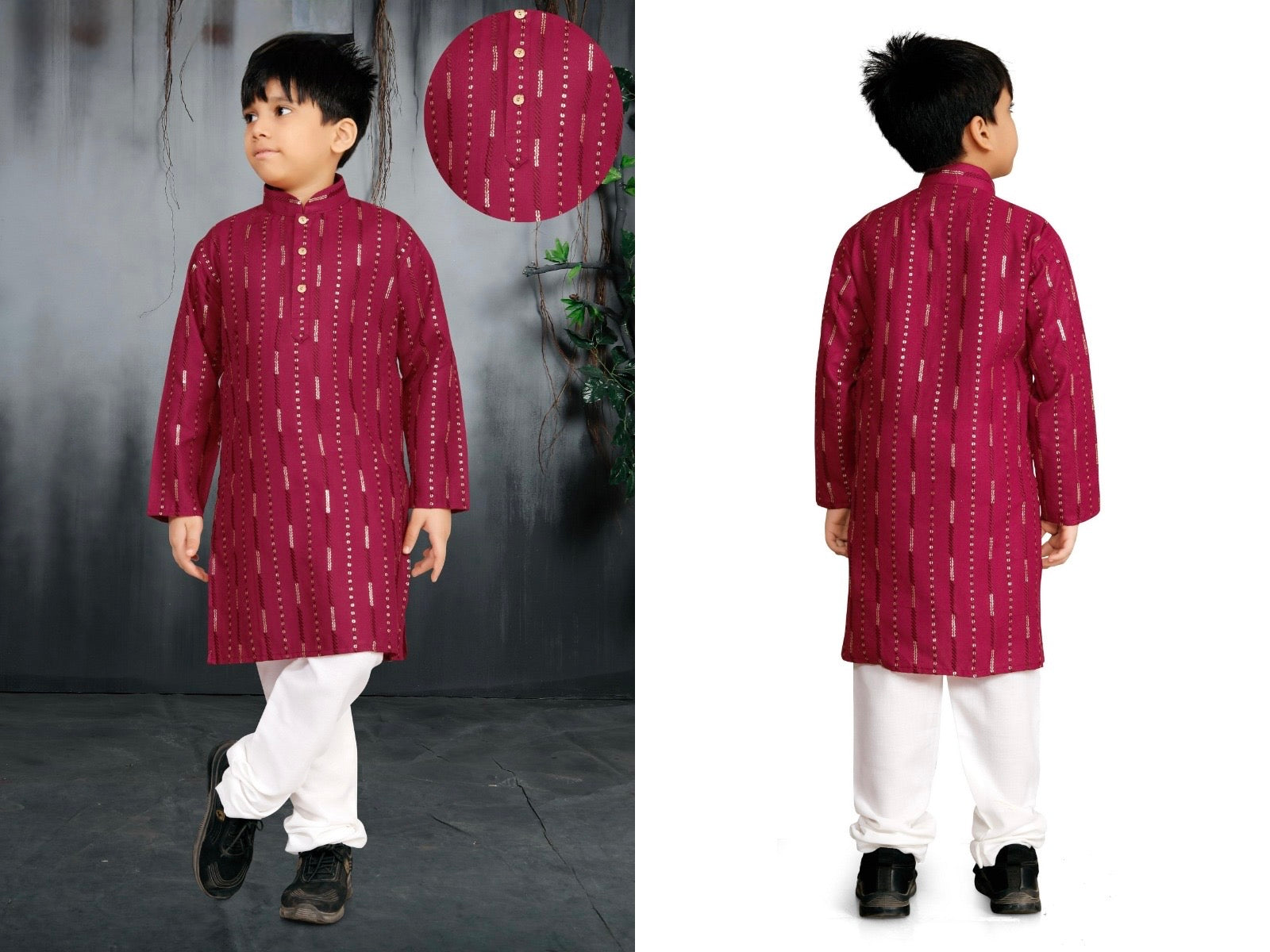 Father and Son Matching Festive Kurta Set Combo – Men & Boys Wine/Maroon Foil Striped Kurta with White Pyjama