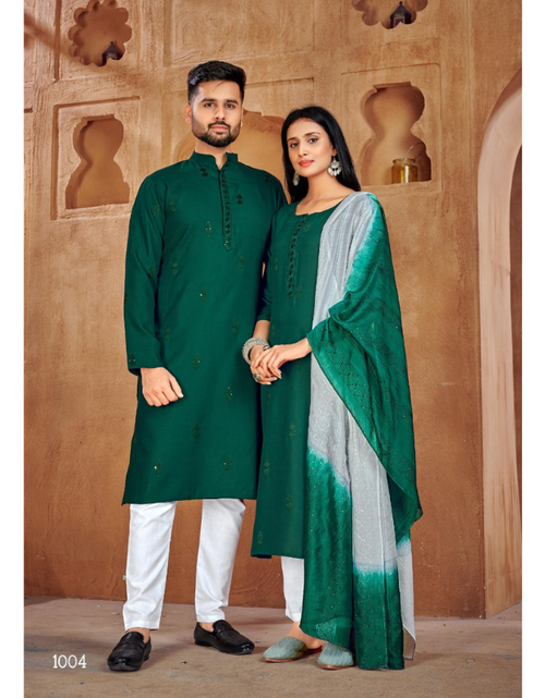 Load image into Gallery viewer, Beautiful Traditional Couple wear Same Matching Green Men Kurta Pajama and Women Kurta Pant Dupatta mahezon
