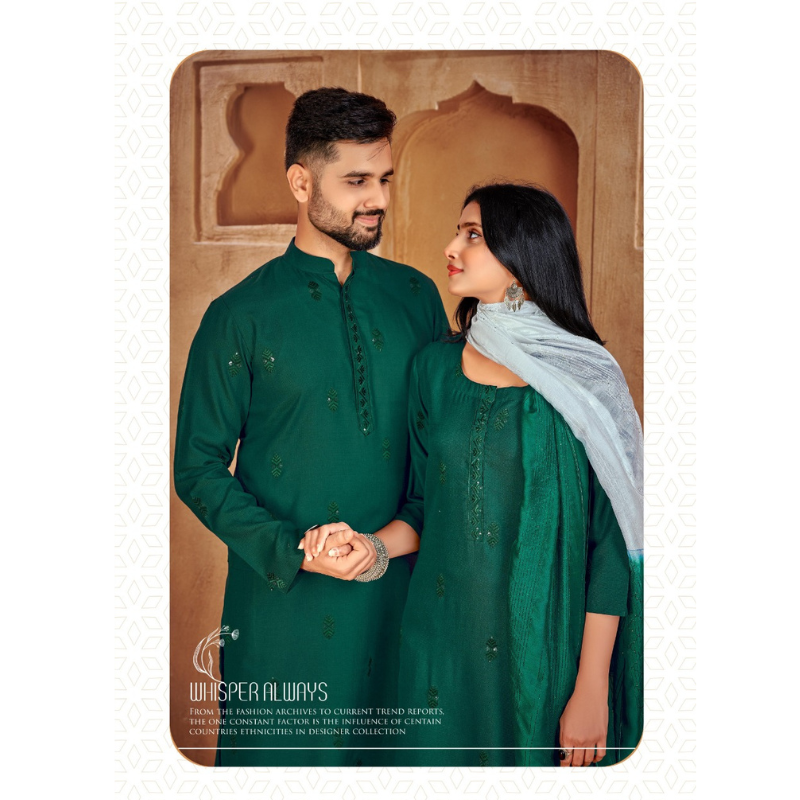 Beautiful Traditional Couple wear Same Matching Green Men Kurta Pajama and Women Kurta Pant Dupatta mahezon