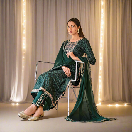 Green Bandhej Naira Cut Kurti Pant Dupatta set mahezon