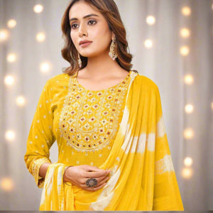 Exclusive Yellow Naira cut Kurti Pant Dupatta Suit mahezon