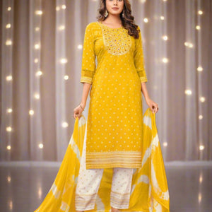 Exclusive Yellow Naira cut Kurti Pant Dupatta Suit mahezon
