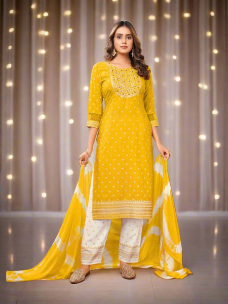 Exclusive Yellow Naira cut Kurti Pant Dupatta Suit mahezon
