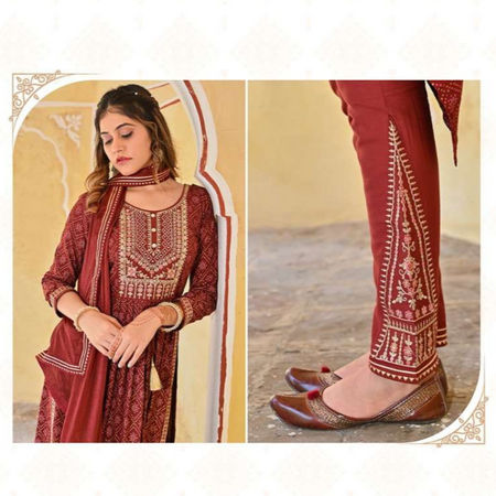 Women Maroon Bandhej Naira Cut Kurti Pant Dupatta set