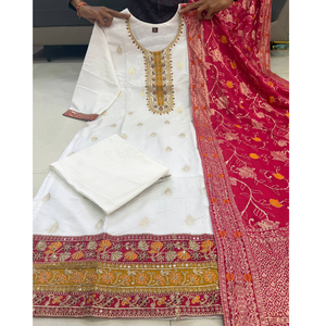 Festive Kanjivaram Silk Women Kurti Pant Dupatta Suit mahezon