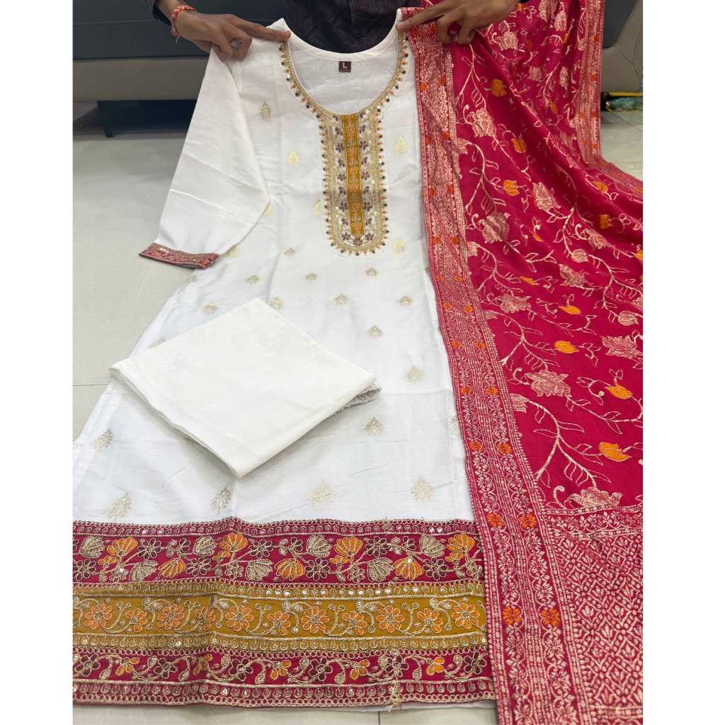 Festive Kanjivaram Silk Women Kurti Pant Dupatta Suit mahezon