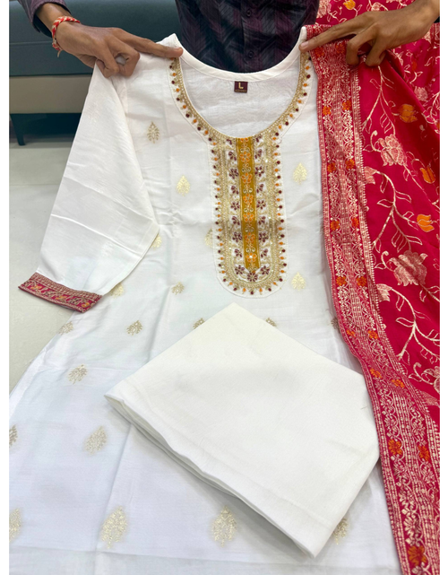 Load image into Gallery viewer, Festive Kanjivaram Silk Women Kurti Pant Dupatta Suit mahezon
