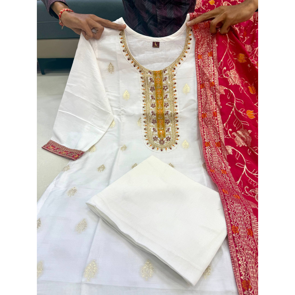 Festive Kanjivaram Silk Women Kurti Pant Dupatta Suit mahezon