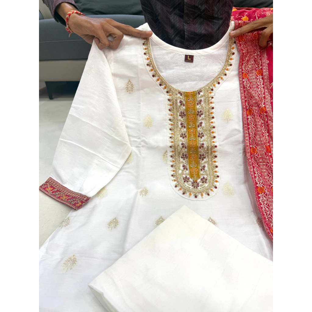 Festive Kanjivaram Silk Women Kurti Pant Dupatta Suit mahezon