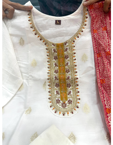 Festive Kanjivaram Silk Women Kurti Pant Dupatta Suit mahezon