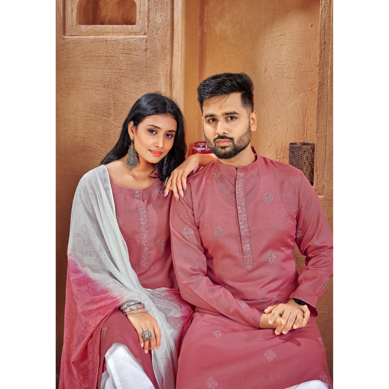 Beautiful Traditional Couple wear Same Matching Pink Cotton Men Kurta Pajama and Women Kurta Pant Dupatta mahezon