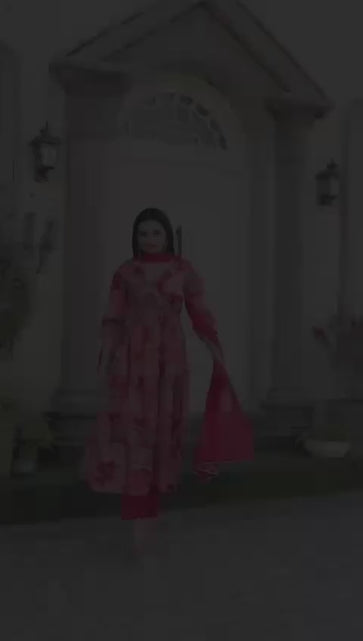 Load and play video in Gallery viewer, Women&#39;s Floral Pink Designer Alia Cut Kurta Pant Dupatta Suit
