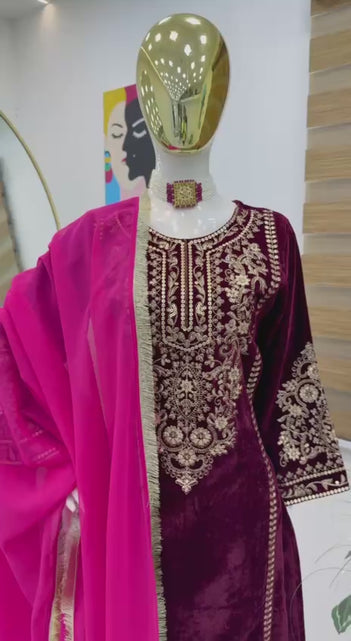 Load and play video in Gallery viewer, Women&#39;s Embroidery Velvet Maroon Gown Pant with Dupatta Suit
