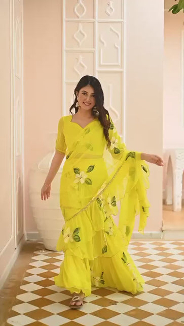 Load and play video in Gallery viewer, Party wear Floral Women&#39;s Lehenga Saree Yellow
