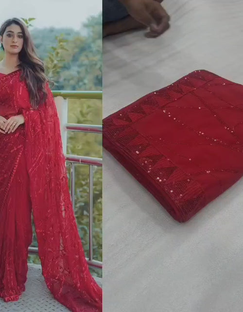 Load and play video in Gallery viewer, Party wear Women&#39;s Sequin Saree Red
